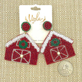 Christmas Themed Red Barn Seed Bead Earrings (2.25x2.5in)