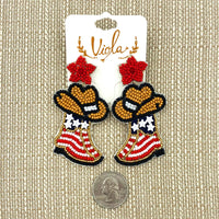 USA American Themed Cowboy Hat Beaded Earrings (1.5x2.75in)