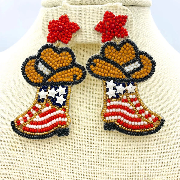 USA American Themed Cowboy Hat Beaded Earrings (1.5x2.75in)