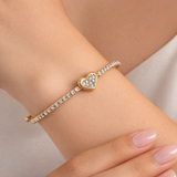 Rhinestone Heart Memory Wire Bracelet in Silver or Gold (2.08in)