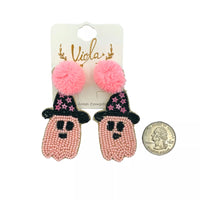 Pink Ghost  Wearing Witch Hat Beaded Earrings (1.25x3in)