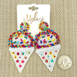 White Ice Cream Cone w/ Sprinkles Seed Bead Earrings (1.5x3in)