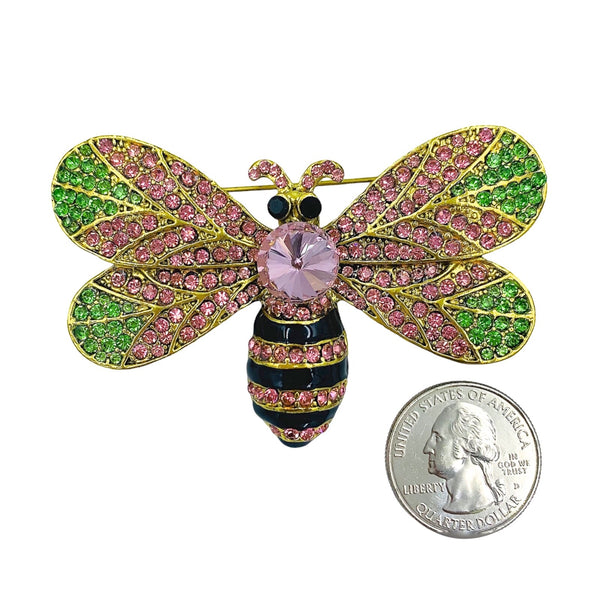 Pink & Green Crystal Studded Bee Pin (3x3in)