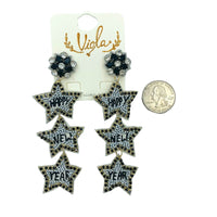 Happy New Year 3 Star Seed Bead Earrings - Beaded, New Year's (1.25x3.5in)
