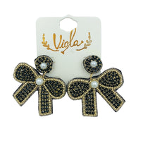 Ribbon Bow Crystal & Pearl Seed Bead Earrings in 3 Colors - Beaded (1.75x1.75in)