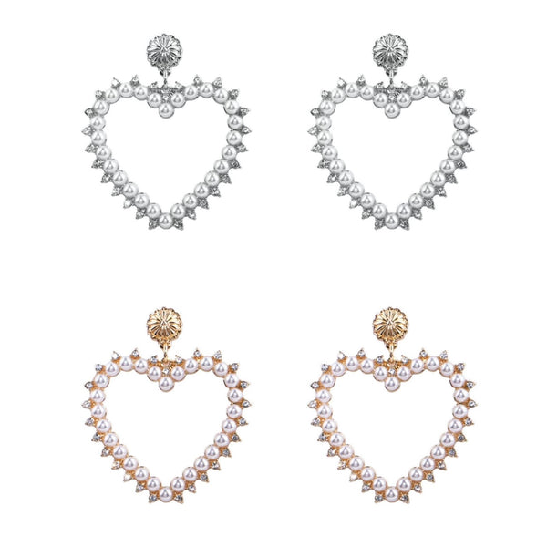 Heart Pearl Earrings in Silver or Gold (1.9x2.1in)
