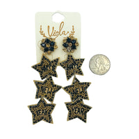Happy New Year 3 Star Seed Bead Earrings - Beaded, New Year's (1.25x3.5in)