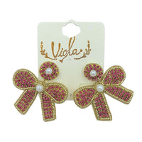 Ribbon Bow Crystal & Pearl Seed Bead Earrings in 3 Colors - Beaded (1.75x1.75in)