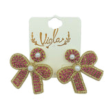 Ribbon Bow Crystal & Pearl Seed Bead Earrings in 3 Colors - Beaded (1.75x1.75in)