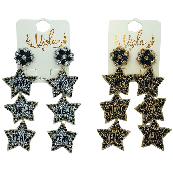 Happy New Year 3 Star Seed Bead Earrings - Beaded, New Year's (1.25x3.5in)