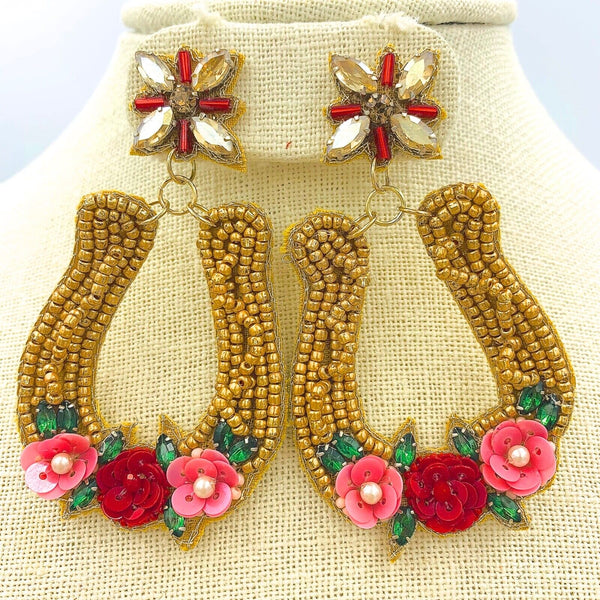 Horse Racing Themed Horseshoe Seed Bead Dangle Earrings (1.75x3in)