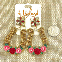 Horse Racing Themed Horseshoe Seed Bead Dangle Earrings (1.75x3in)