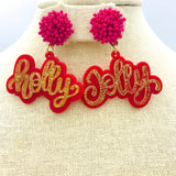 Holly Jolly Acrylic Seed Bead Glitter Christmas Earrings (2x2.5)