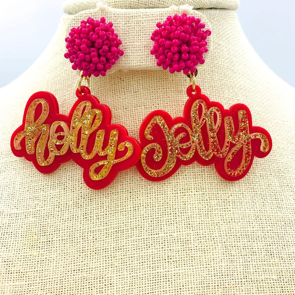 Holly Jolly Acrylic Seed Bead Glitter Christmas Earrings (2x2.5)