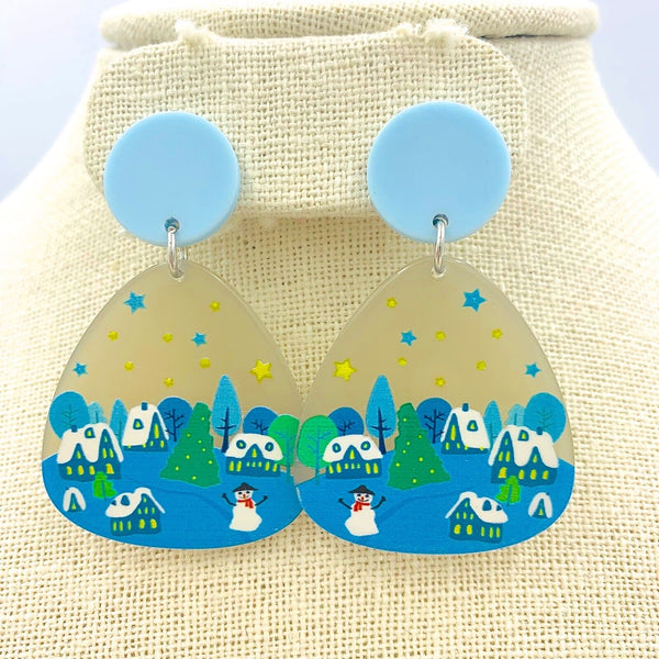Christmas Themed Snow Village Acrylic Earrings - Snowman (1.25x2in)