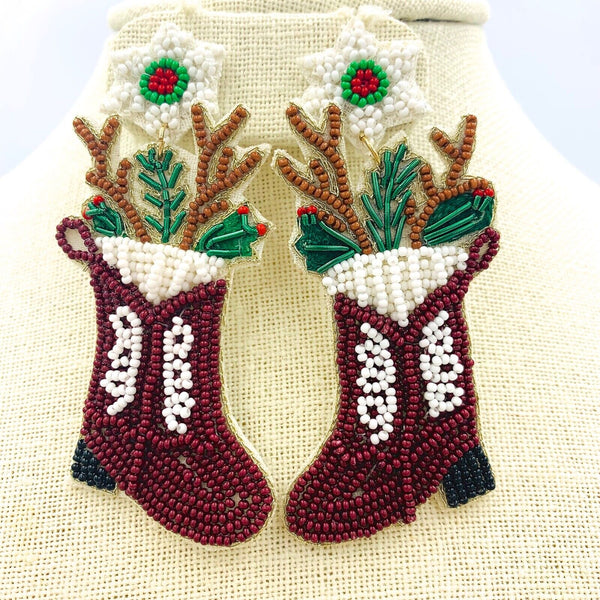 Christmas Reindeer Boot Seed Bead Earrings - Beaded, Viola (1.25x3in)