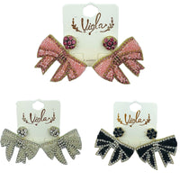 Ribbon Bow Crystal Beaded Earrings in 3 Colors (2x2in)