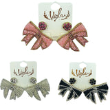 Ribbon Bow Crystal Beaded Earrings in 3 Colors (2x2in)