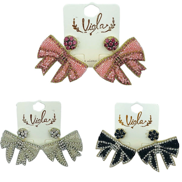 Ribbon Bow Crystal Beaded Earrings in 3 Colors (2x2in)