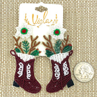 Christmas Reindeer Boot Seed Bead Earrings - Beaded, Viola (1.25x3in)
