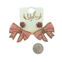 Ribbon Bow Crystal Beaded Earrings in 3 Colors (2x2in)