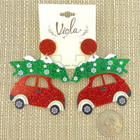 Christmas Tree on Top of Car Acrylic Glitter Earrings (2.25x2.5in)