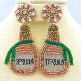 Pink Tequila Bottle Seed Bead Earrings (1.5x2in)