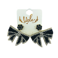 Ribbon Bow Crystal Beaded Earrings in 3 Colors (2x2in)