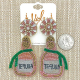 Pink Tequila Bottle Seed Bead Earrings (1.5x2in)