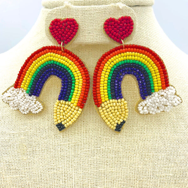 Rainbow Pencil Teacher School Themed Beaded Earrings (1.75x2.5in)