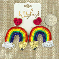 Rainbow Pencil Teacher School Themed Beaded Earrings (1.75x2.5in)