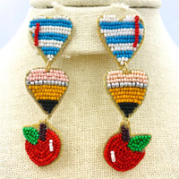 Teacher Themed Pencil & Apple Seed Bead Earrings - School, Beaded (0.75x2.5in)