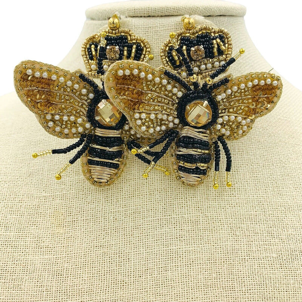 Queen Bumble Bee Seed Bead Earrings (2.75x2.5in)
