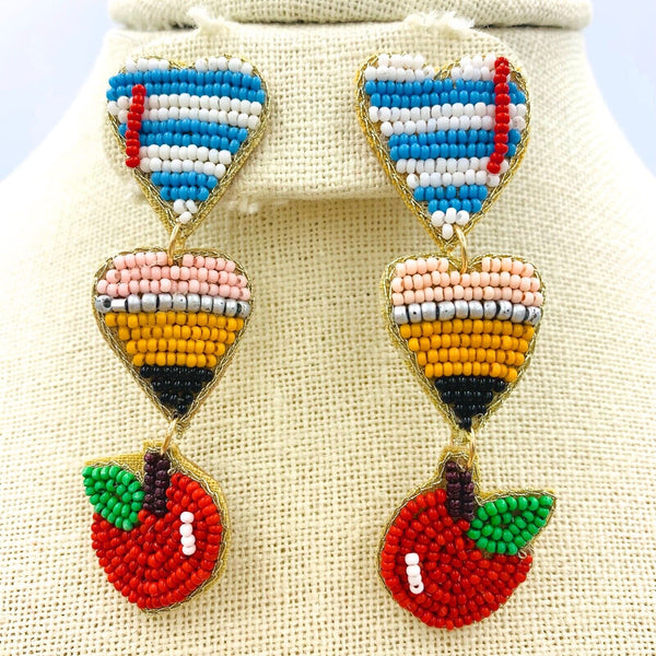 Teacher Themed Pencil & Apple Seed Bead Earrings - School, Beaded (0.75x2.5in)