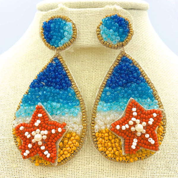 Teardrop Beach Themed Starfish Seed Bead Earrings - Beaded, Viola (1.6x3in)