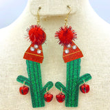 Christmas Themed Cactus Pom Pom Hat & Jingle Bells Earrings (1.5x4in)