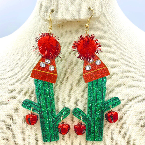 Christmas Themed Cactus Pom Pom Hat & Jingle Bells Earrings (1.5x4in)