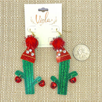 Christmas Themed Cactus Pom Pom Hat & Jingle Bells Earrings (1.5x4in)
