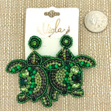 Sea Turtle Seed Bead Earrings in Green or Multi Color - Beaded (2.5x2.5in)