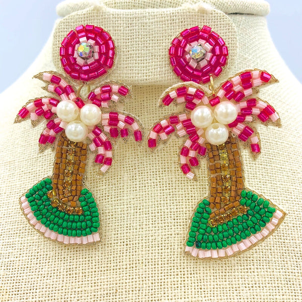 Pink Palm Tree, Pearl Coconut Beaded Earrings (1.5x2.5in)