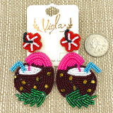Coconut Cocktail Beaded Beach Themed Earrings (1.75x3in)