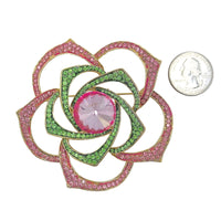 Pink & Green Crystal Studded Open Flower Pin (3x3in)