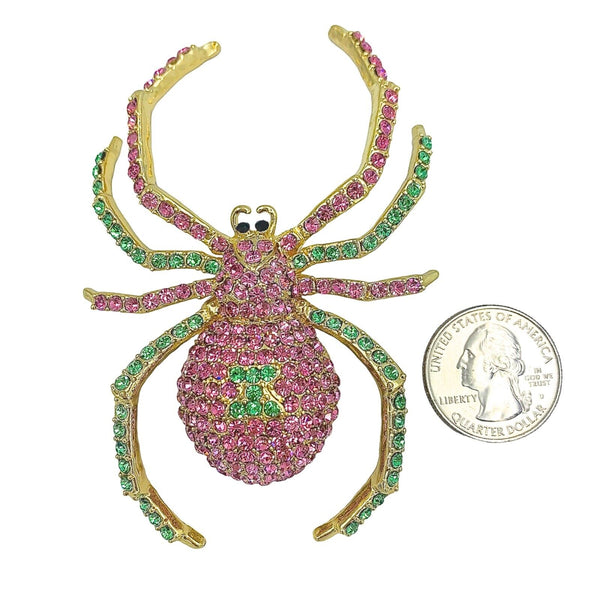Pink & Green Crystal Studded Spider Pin (2.5x3.5in)