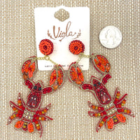 Red Crawfish Seed Bead Earrings - Crayfish, Beaded, Viola (1.75x4in)