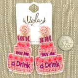 "Buy Me a Drink" Pink Birthday Cake Seed Bead Earrings - Beaded (3.0x1.5in)