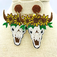 Seed Bead Sunflower Longhorn Earrings in 2 Colors (2x2.5in)
