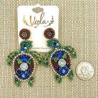 Sea Turtle Seed Bead Earrings in Gold or Green Color - Beaded (1.75x3in)