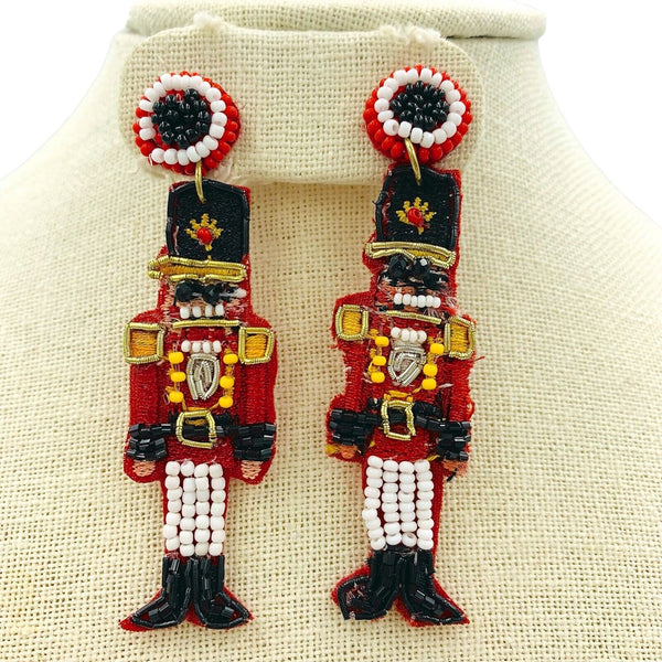 Christmas Nutcracker Toy Soldier Seed Bead Earrings - Style 2, Beaded (0.75x3in)