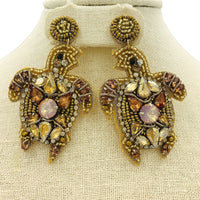 Sea Turtle Seed Bead Earrings in Gold or Green Color - Beaded (1.75x3in)