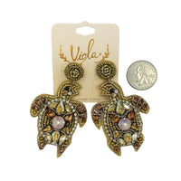 Sea Turtle Seed Bead Earrings in Gold or Green Color - Beaded (1.75x3in)